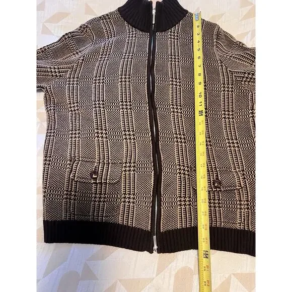 Lauren Ralph Lauren Brown Tan Houndstooth Plaid 100% Cotton Knit Zip Jacket XL - Picture 10 of 10